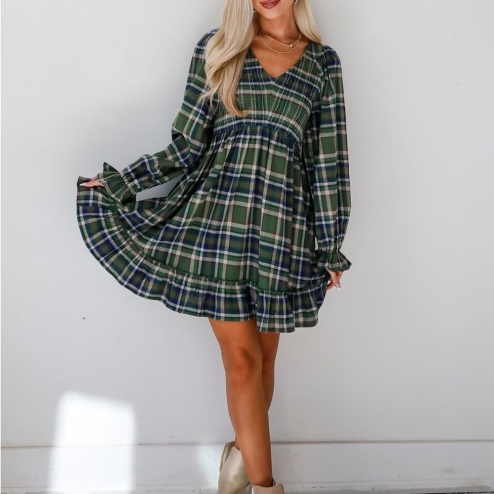 JODIFL Green Blue V-Neck Bishop Sleeve Sundress